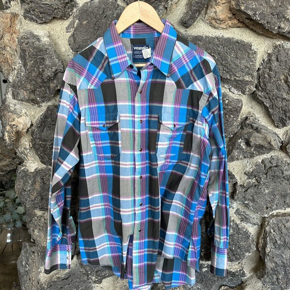VTG Wrangler Western Shirt Mens Turquoise Plaid Pearl Snap‎ Cowboy Cut